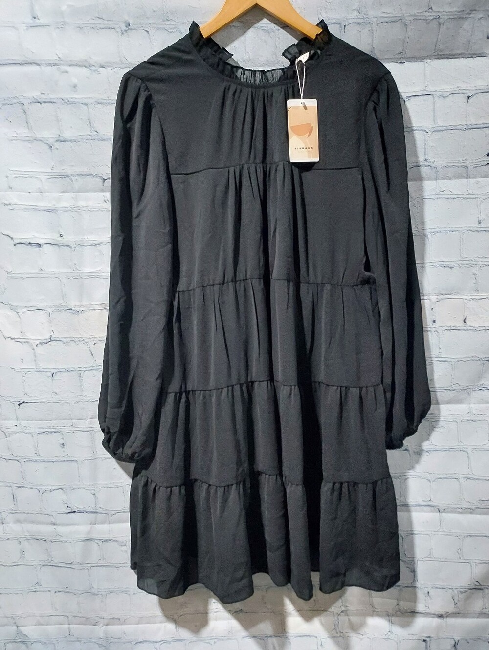 KIRUNDO Women's L Dress Ruffle Mock Neck Tiered Dress Black Goth Witchy